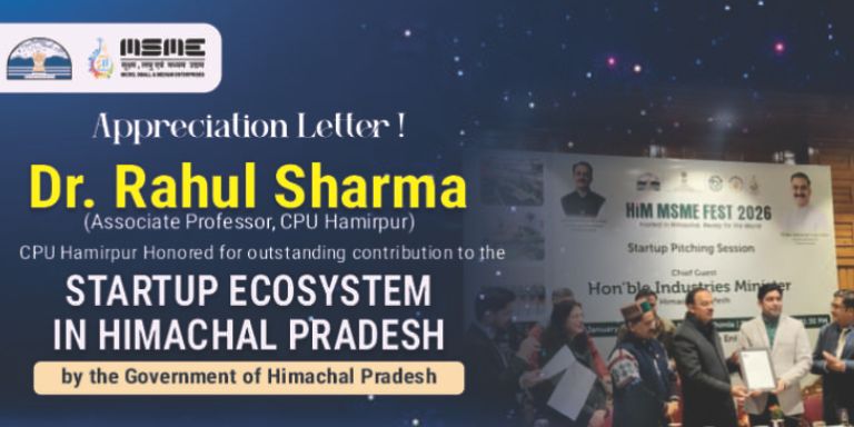 CPU Hamirpur Honored for Outstanding Contribution to the Startup Ecosystem in Himachal Pradesh